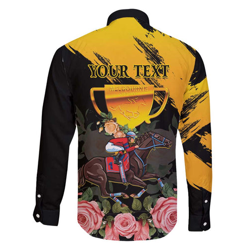 Personalised Australia Melbourne Cup Day Family Matching Puletasi Dress and Hawaiian Shirt Horse Racing Trophy With Roses LT14