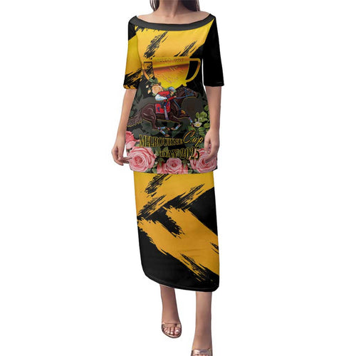 Personalised Australia Melbourne Cup Day Family Matching Puletasi Dress and Hawaiian Shirt Horse Racing Trophy With Roses LT14