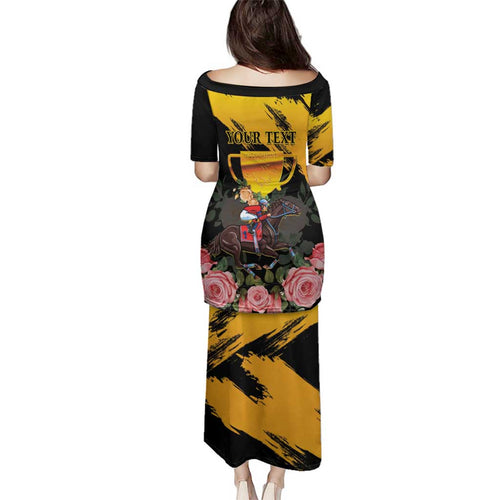 Personalised Australia Melbourne Cup Day Family Matching Puletasi Dress and Hawaiian Shirt Horse Racing Trophy With Roses LT14