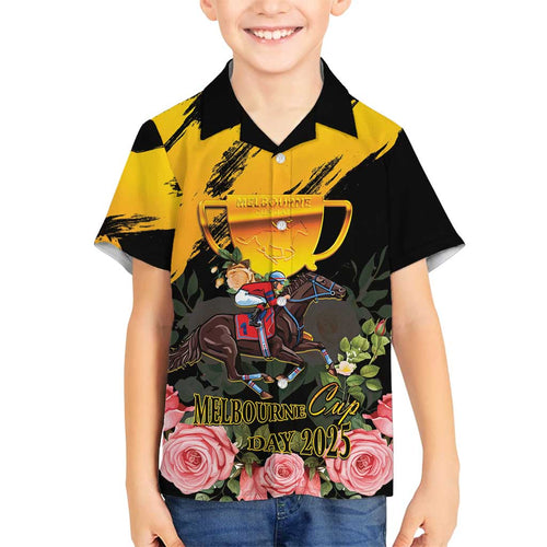 Personalised Australia Melbourne Cup Day Family Matching Puletasi Dress and Hawaiian Shirt Horse Racing Trophy With Roses LT14