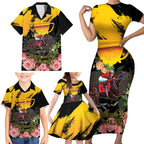 Personalised Australia Melbourne Cup Day Family Matching Short Sleeve Bodycon Dress and Hawaiian Shirt Horse Racing Trophy With Roses LT14