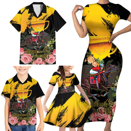 Personalised Australia Melbourne Cup Day Family Matching Short Sleeve Bodycon Dress and Hawaiian Shirt Horse Racing Trophy With Roses LT14