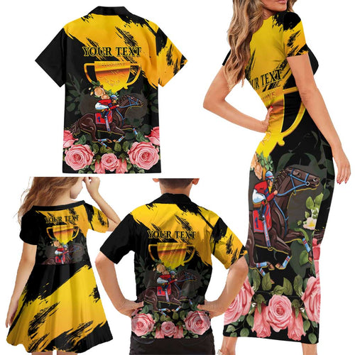 Personalised Australia Melbourne Cup Day Family Matching Short Sleeve Bodycon Dress and Hawaiian Shirt Horse Racing Trophy With Roses LT14