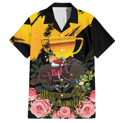 Personalised Australia Melbourne Cup Day Family Matching Short Sleeve Bodycon Dress and Hawaiian Shirt Horse Racing Trophy With Roses LT14