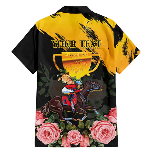 Personalised Australia Melbourne Cup Day Family Matching Short Sleeve Bodycon Dress and Hawaiian Shirt Horse Racing Trophy With Roses LT14
