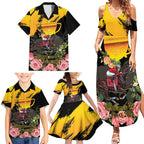 Personalised Australia Melbourne Cup Day Family Matching Summer Maxi Dress and Hawaiian Shirt Horse Racing Trophy With Roses LT14