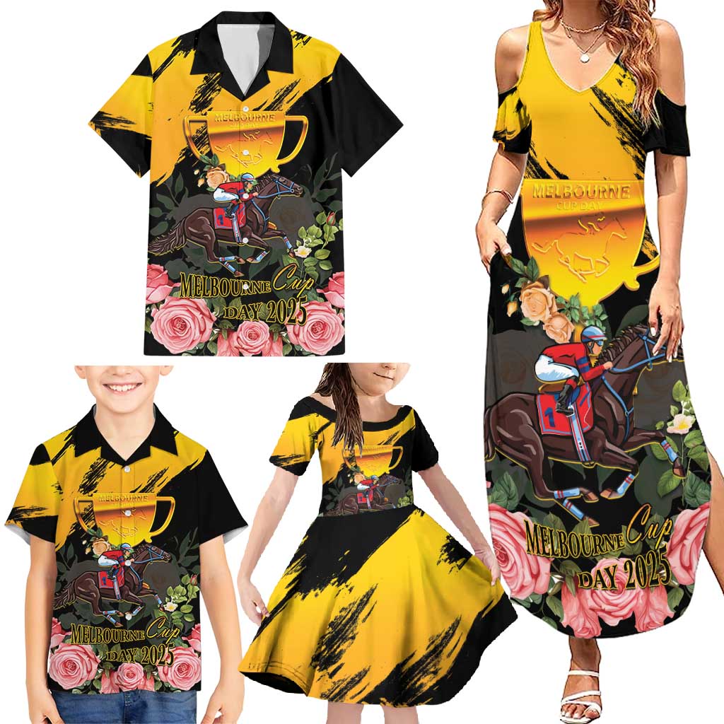Personalised Australia Melbourne Cup Day Family Matching Summer Maxi Dress and Hawaiian Shirt Horse Racing Trophy With Roses LT14
