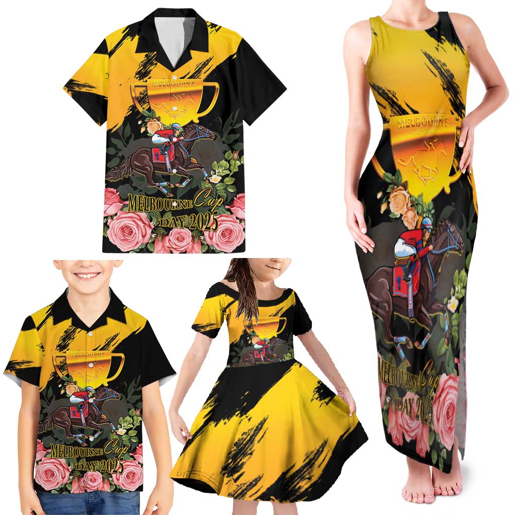 Personalised Australia Melbourne Cup Day Family Matching Tank Maxi Dress and Hawaiian Shirt Horse Racing Trophy With Roses LT14