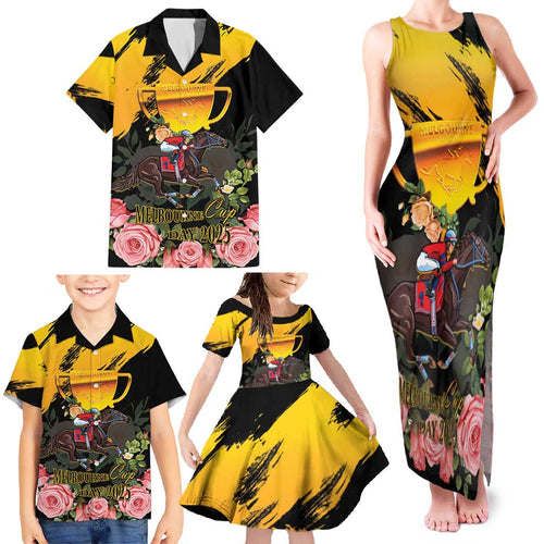 Personalised Australia Melbourne Cup Day Family Matching Tank Maxi Dress and Hawaiian Shirt Horse Racing Trophy With Roses LT14