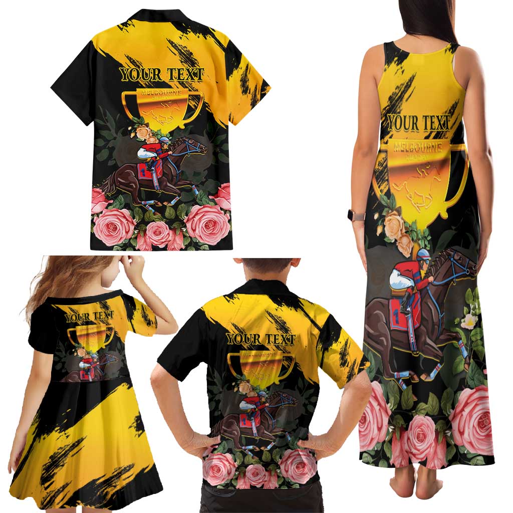 Personalised Australia Melbourne Cup Day Family Matching Tank Maxi Dress and Hawaiian Shirt Horse Racing Trophy With Roses LT14
