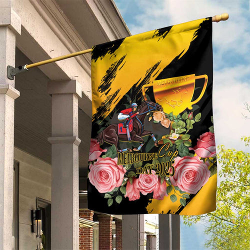Personalised Australia Melbourne Cup Day Garden Flag Horse Racing Trophy With Roses LT14
