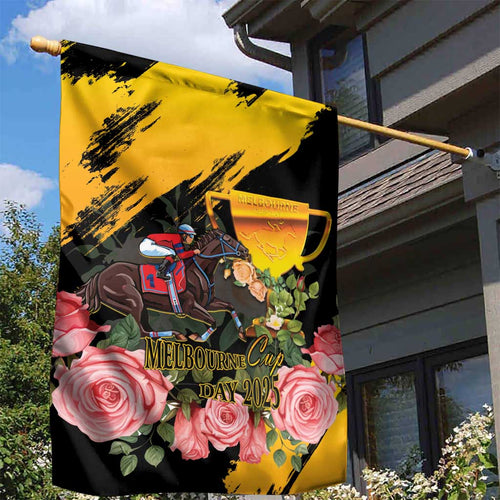 Personalised Australia Melbourne Cup Day Garden Flag Horse Racing Trophy With Roses LT14