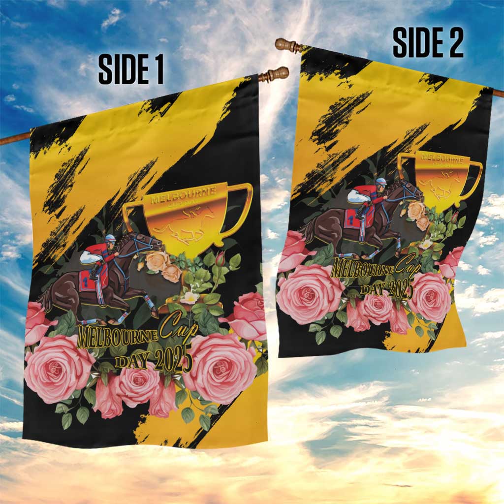 Personalised Australia Melbourne Cup Day Garden Flag Horse Racing Trophy With Roses LT14