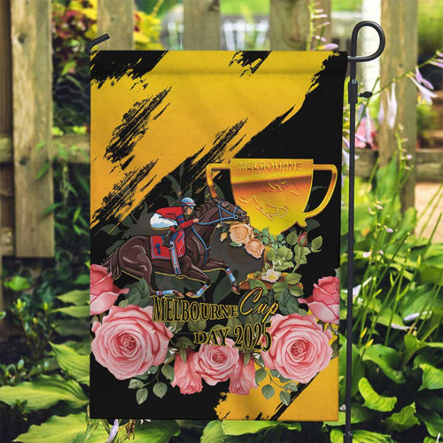 Personalised Australia Melbourne Cup Day Garden Flag Horse Racing Trophy With Roses LT14