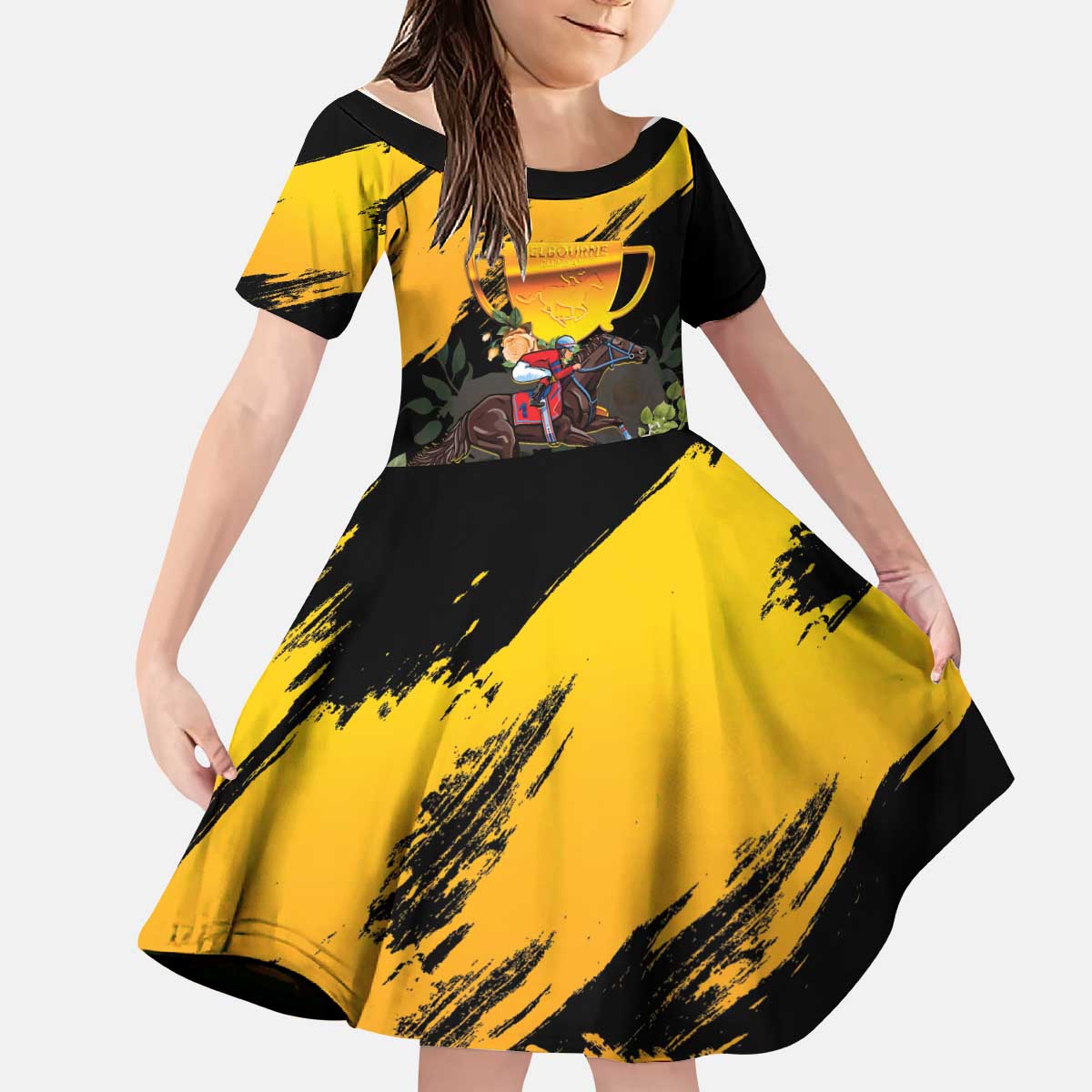 Personalised Australia Melbourne Cup Day Kid Short Sleeve Dress Horse Racing Trophy With Roses LT14