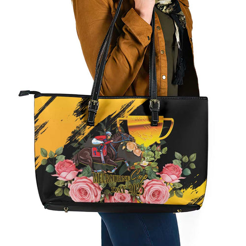 Personalised Australia Melbourne Cup Day Leather Tote Bag Horse Racing Trophy With Roses LT14