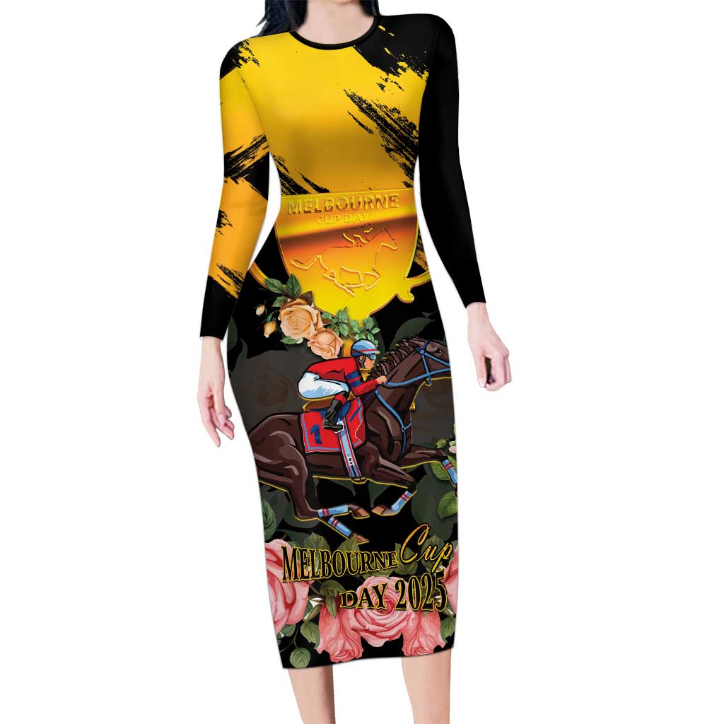 Personalised Australia Melbourne Cup Day Long Sleeve Bodycon Dress Horse Racing Trophy With Roses LT14