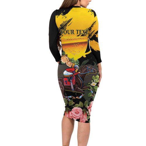 Personalised Australia Melbourne Cup Day Long Sleeve Bodycon Dress Horse Racing Trophy With Roses LT14