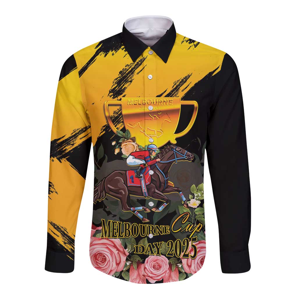 Personalised Australia Melbourne Cup Day Long Sleeve Button Shirt Horse Racing Trophy With Roses LT14