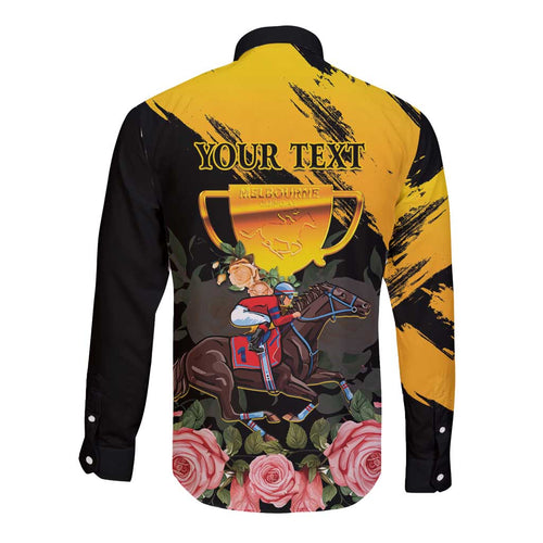 Personalised Australia Melbourne Cup Day Long Sleeve Button Shirt Horse Racing Trophy With Roses LT14