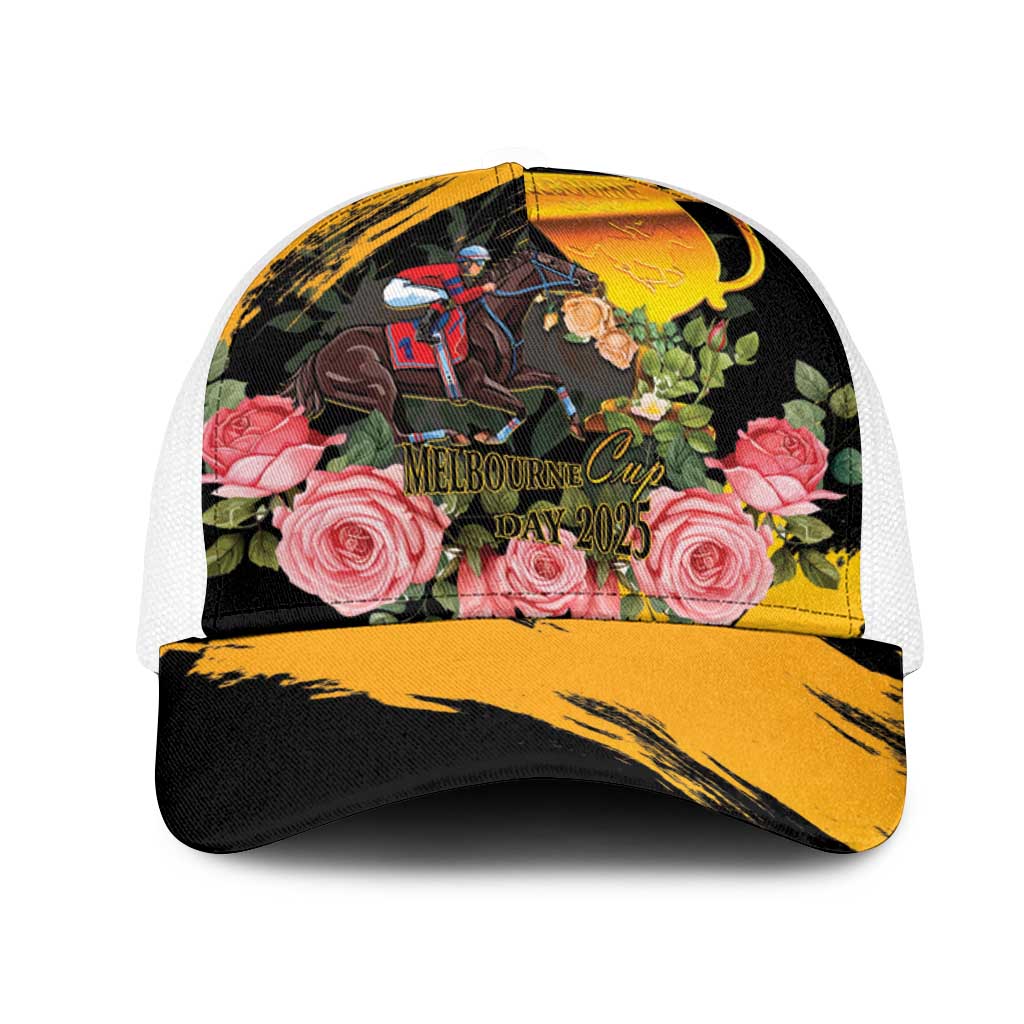 Australia Melbourne Cup Day Mesh Trucker Cap Horse Racing Trophy With Roses - Aussie Hoodie