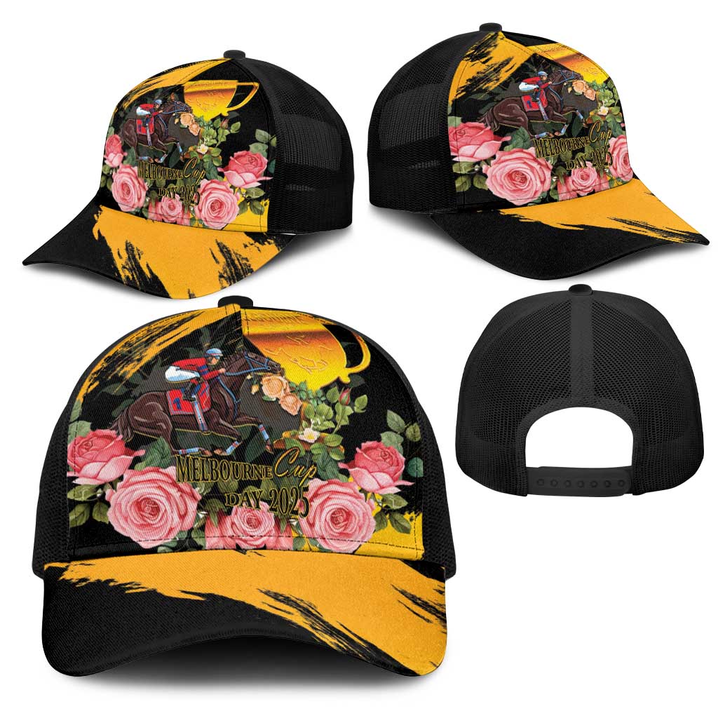 Australia Melbourne Cup Day Mesh Trucker Cap Horse Racing Trophy With Roses - Aussie Hoodie
