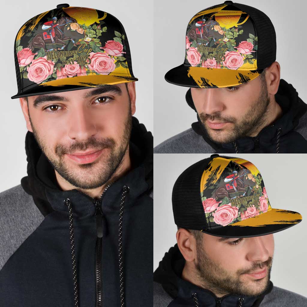 Australia Melbourne Cup Day Mesh Trucker Cap Horse Racing Trophy With Roses - Aussie Hoodie