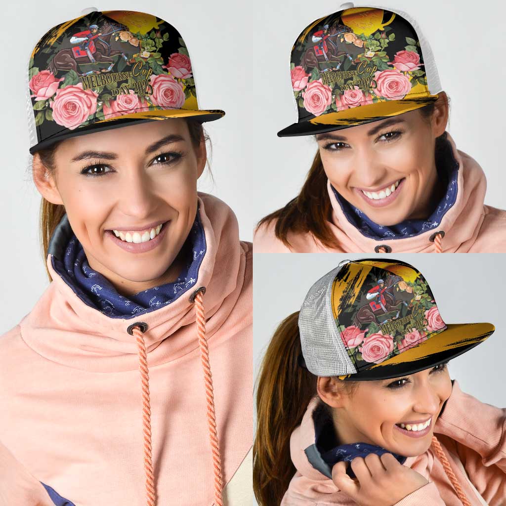 Australia Melbourne Cup Day Mesh Trucker Cap Horse Racing Trophy With Roses - Aussie Hoodie