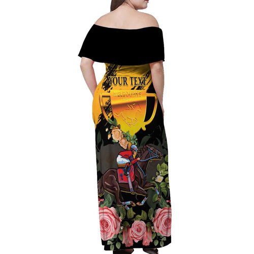 Personalised Australia Melbourne Cup Day Off Shoulder Maxi Dress Horse Racing Trophy With Roses LT14
