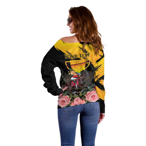 Personalised Australia Melbourne Cup Day Off Shoulder Sweater Horse Racing Trophy With Roses LT14