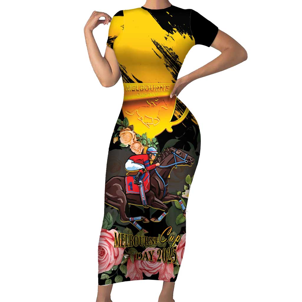 Personalised Australia Melbourne Cup Day Short Sleeve Bodycon Dress Horse Racing Trophy With Roses LT14