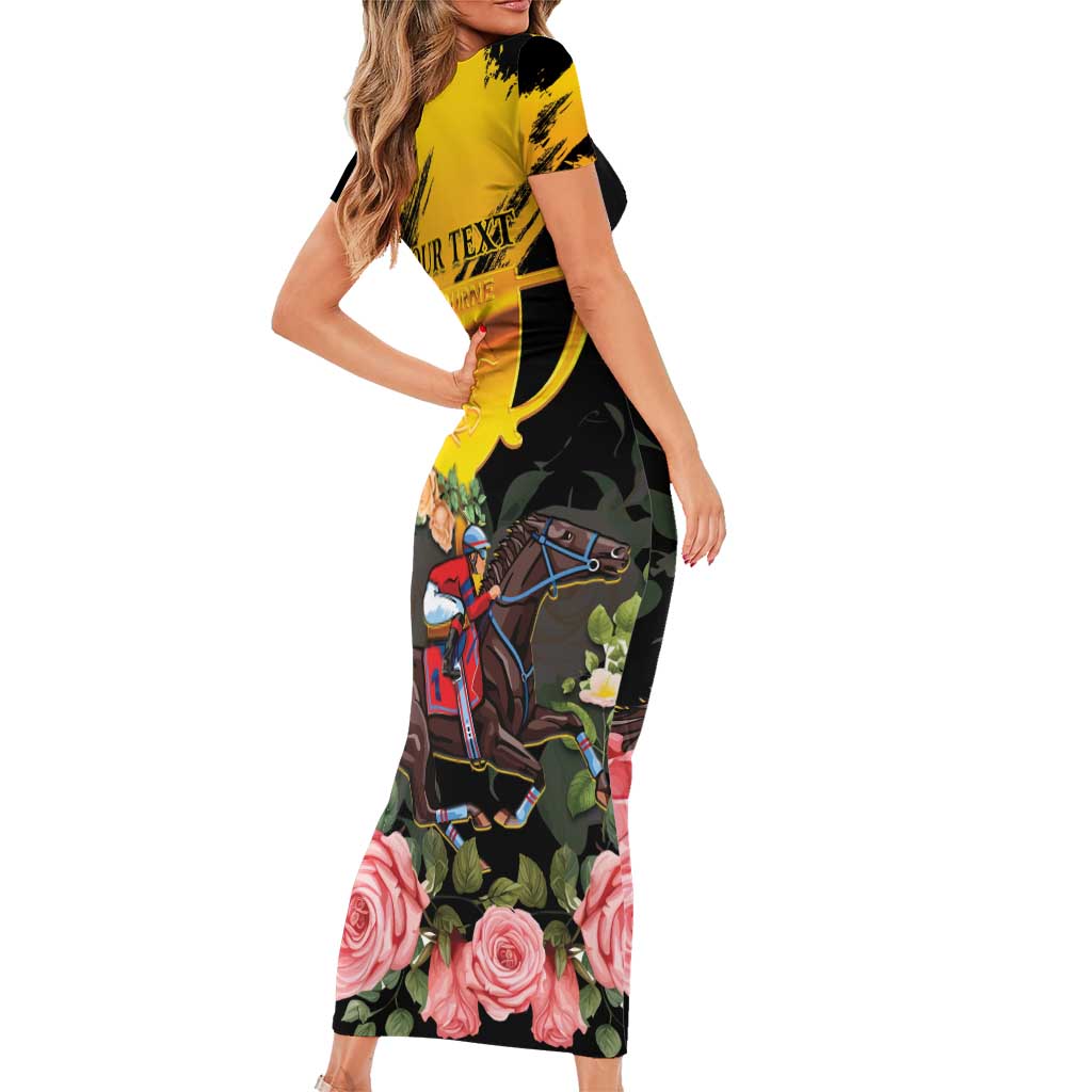 Personalised Australia Melbourne Cup Day Short Sleeve Bodycon Dress Horse Racing Trophy With Roses LT14