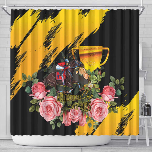 Personalised Australia Melbourne Cup Day Shower Curtain Horse Racing Trophy With Roses LT14