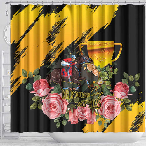 Personalised Australia Melbourne Cup Day Shower Curtain Horse Racing Trophy With Roses LT14