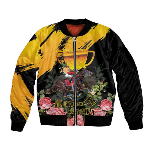 Personalised Australia Melbourne Cup Day Sleeve Zip Bomber Jacket Horse Racing Trophy With Roses LT14
