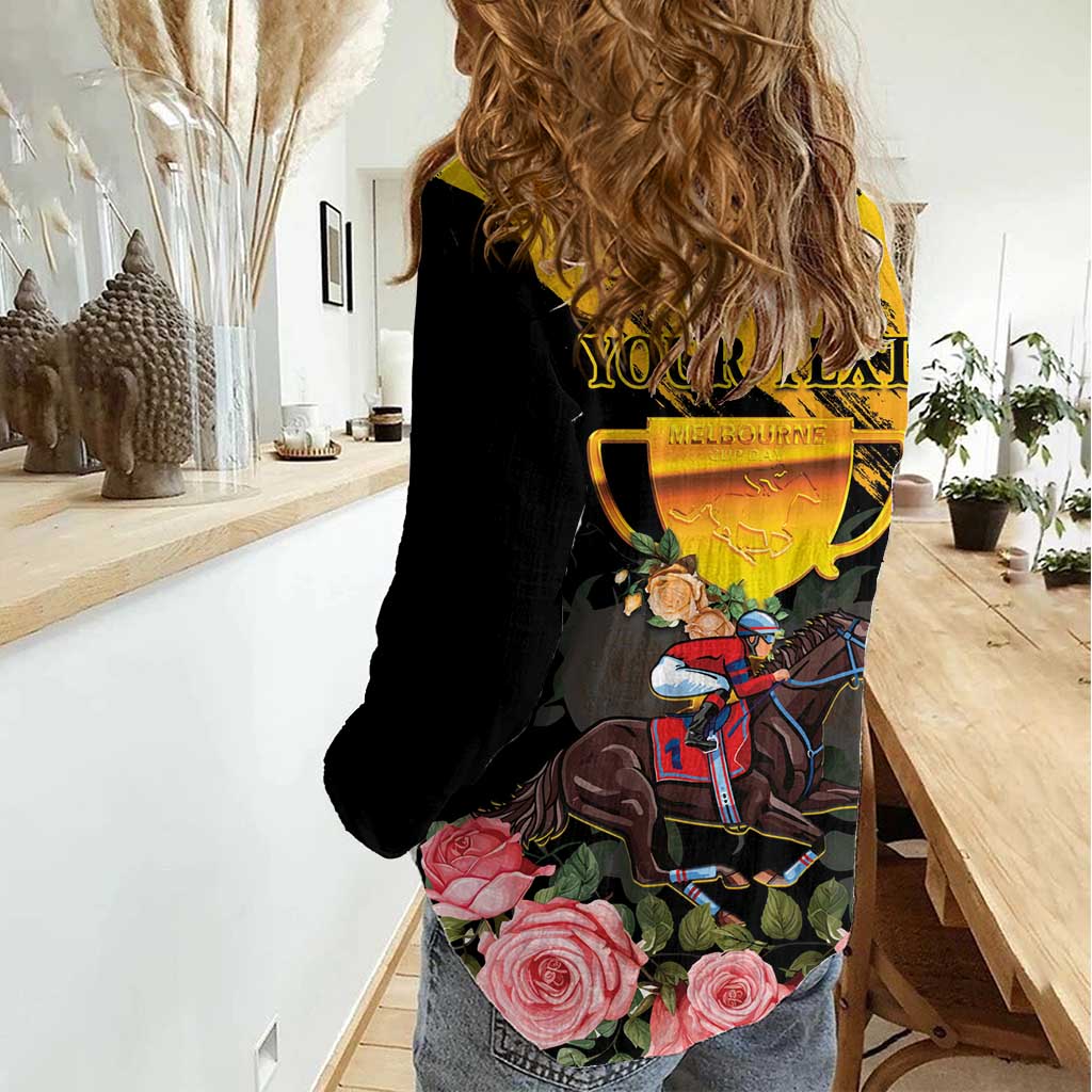 Personalised Australia Melbourne Cup Day Women Casual Shirt Horse Racing Trophy With Roses LT14