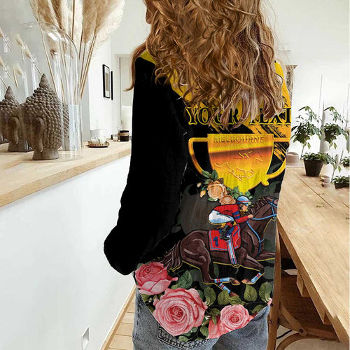 Personalised Australia Melbourne Cup Day Women Casual Shirt Horse Racing Trophy With Roses LT14