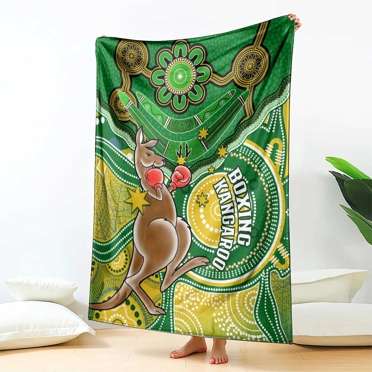 personalised-australia-boxing-kangaroo-blanket-aussie-indigenous-art-mix-national-color