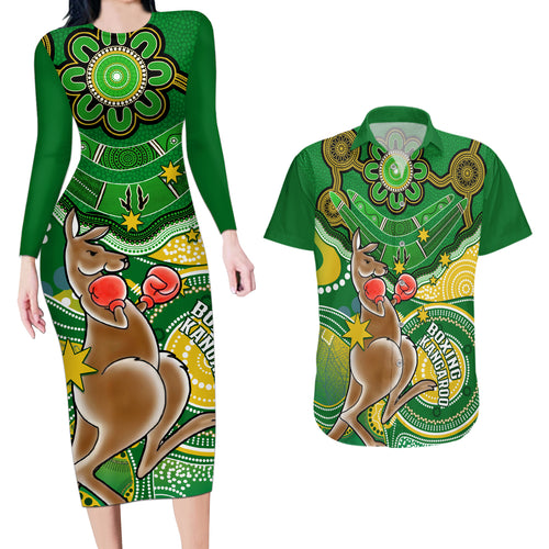 personalised-australia-boxing-kangaroo-couples-matching-long-sleeve-bodycon-dress-and-hawaiian-shirt-aussie-indigenous-art-mix-national-color