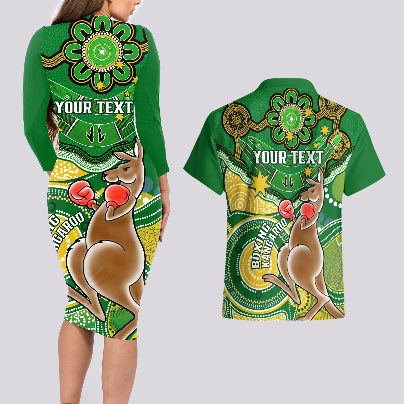 personalised-australia-boxing-kangaroo-couples-matching-long-sleeve-bodycon-dress-and-hawaiian-shirt-aussie-indigenous-art-mix-national-color