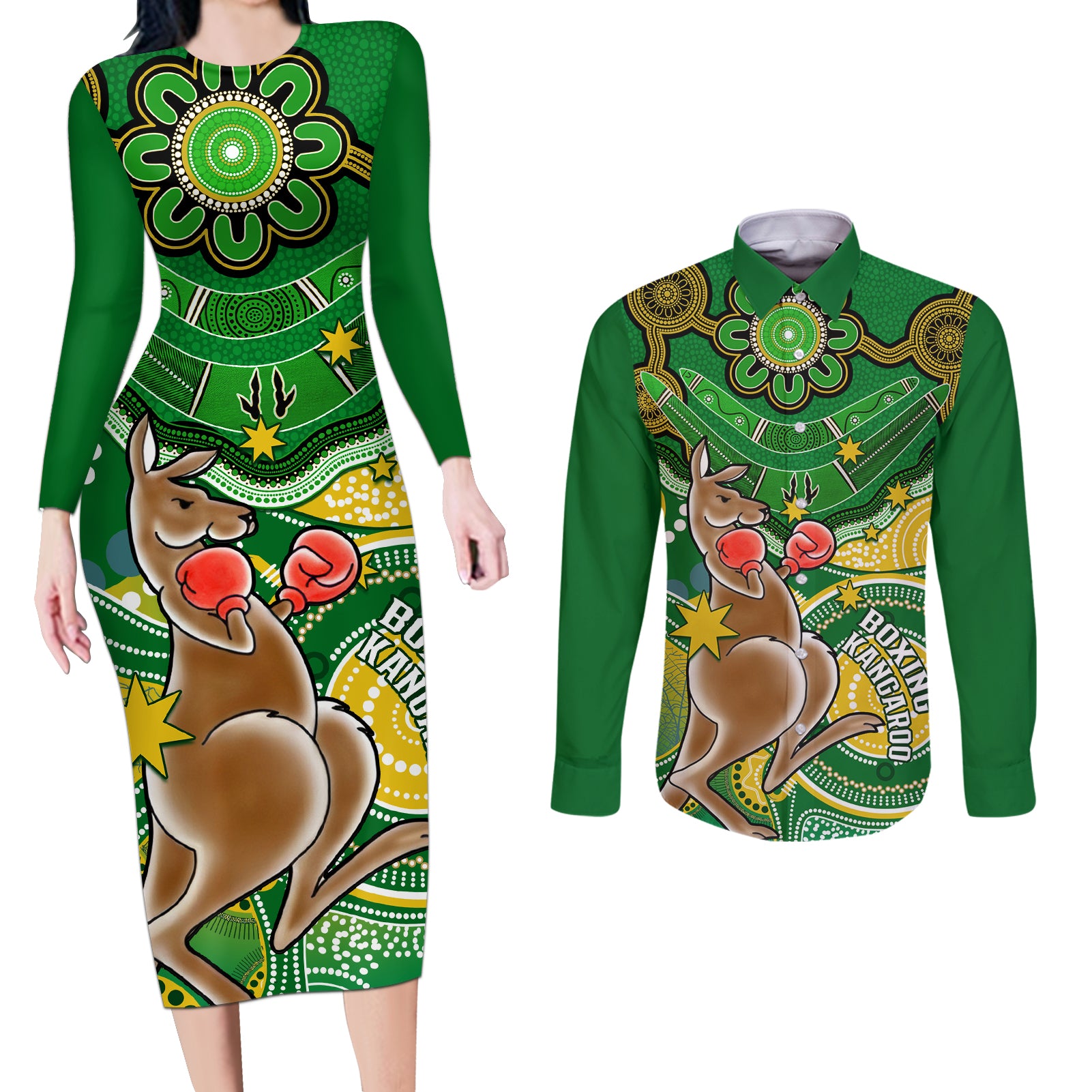 personalised-australia-boxing-kangaroo-couples-matching-long-sleeve-bodycon-dress-and-long-sleeve-button-shirt-aussie-indigenous-art-mix-national-color