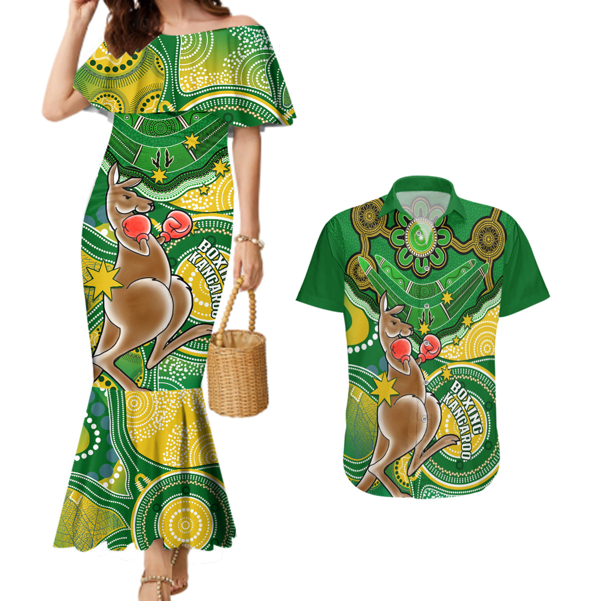 personalised-australia-boxing-kangaroo-couples-matching-mermaid-dress-and-hawaiian-shirt-aussie-indigenous-art-mix-national-color