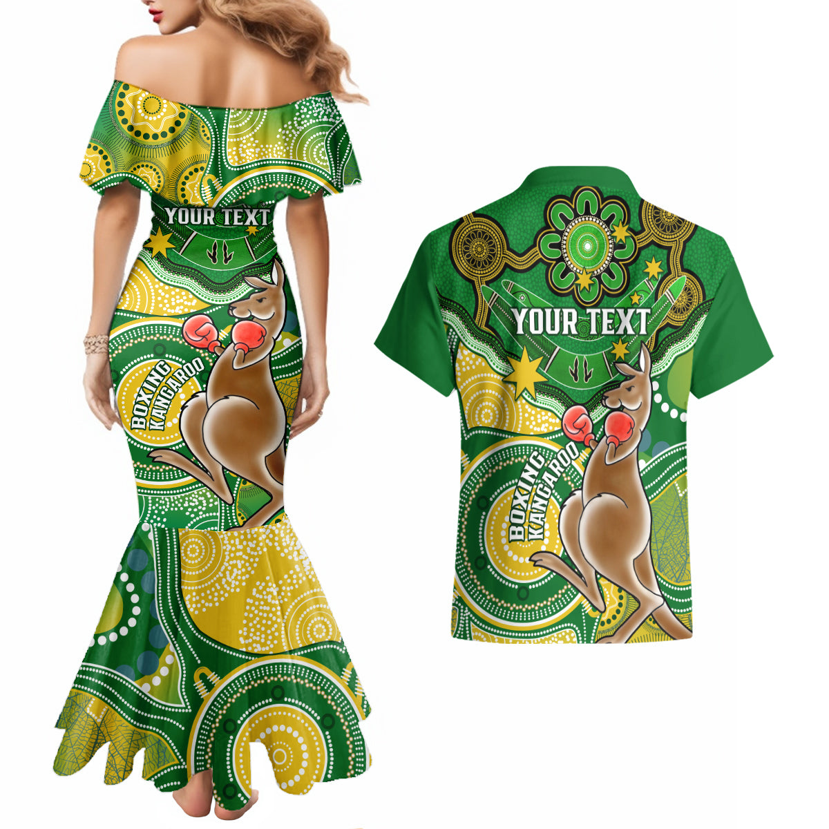 personalised-australia-boxing-kangaroo-couples-matching-mermaid-dress-and-hawaiian-shirt-aussie-indigenous-art-mix-national-color