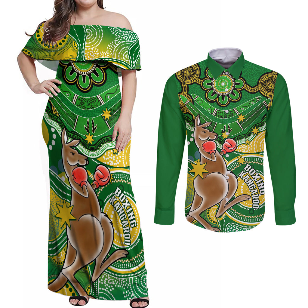 personalised-australia-boxing-kangaroo-couples-matching-off-shoulder-maxi-dress-and-long-sleeve-button-shirt-aussie-indigenous-art-mix-national-color