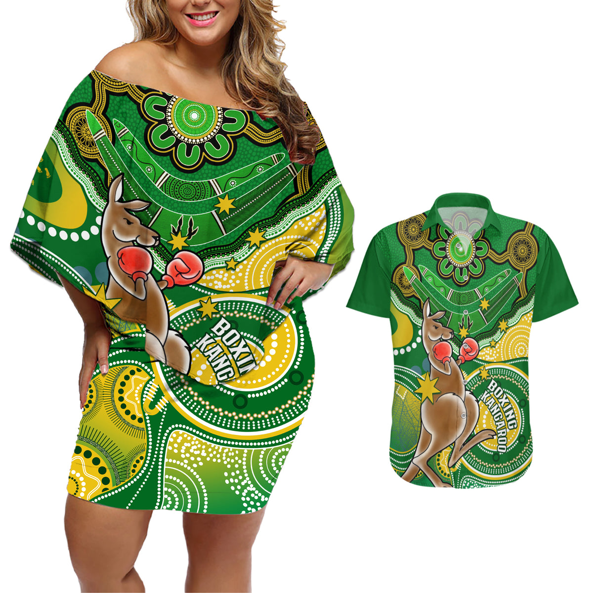 personalised-australia-boxing-kangaroo-couples-matching-off-shoulder-short-dress-and-hawaiian-shirt-aussie-indigenous-art-mix-national-color