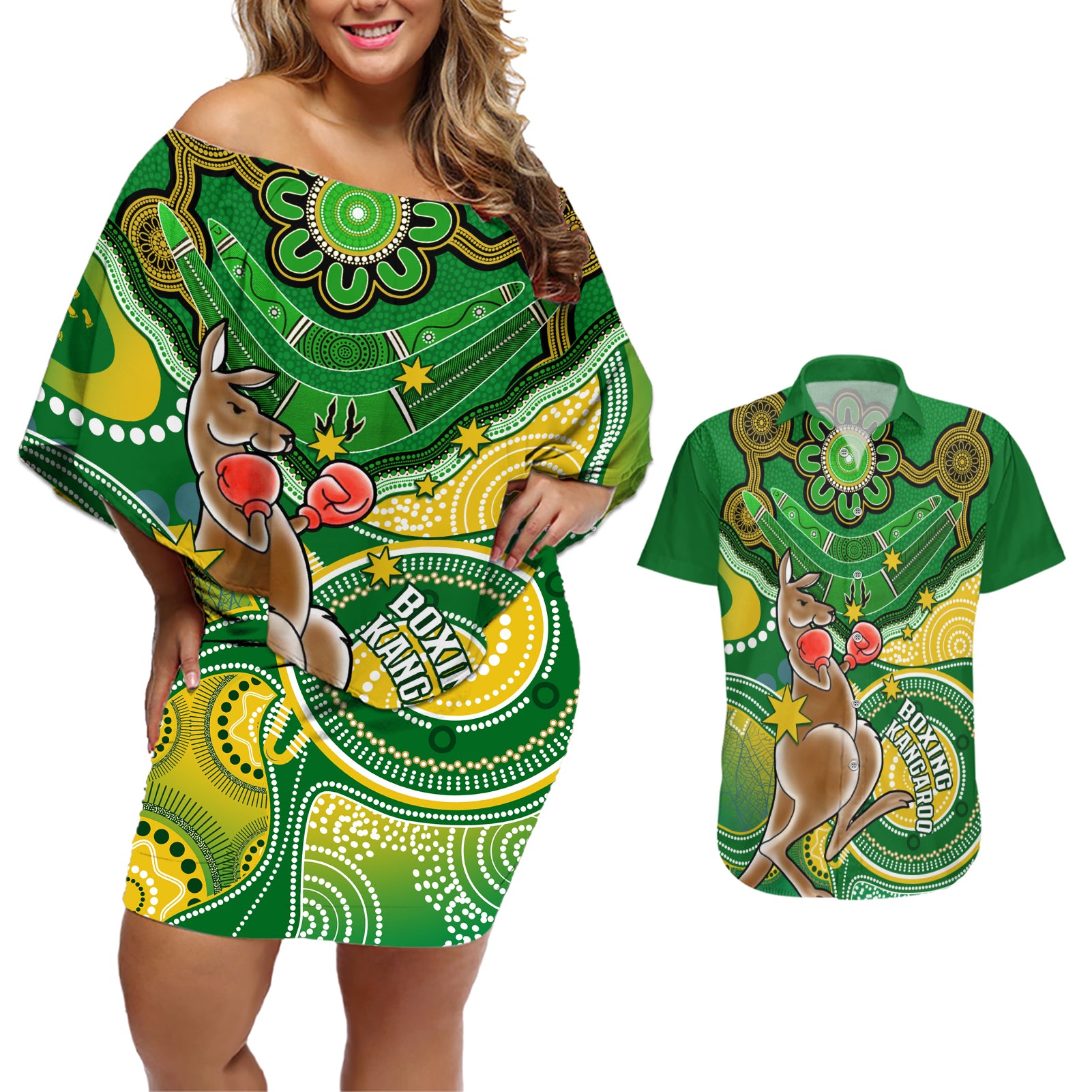 personalised-australia-boxing-kangaroo-couples-matching-off-shoulder-short-dress-and-hawaiian-shirt-aussie-indigenous-art-mix-national-color