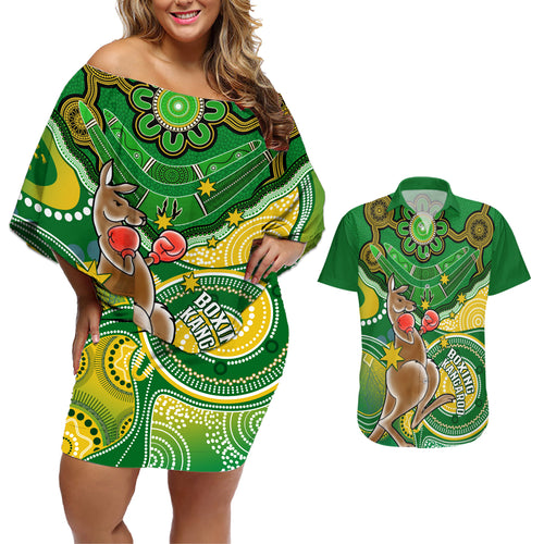 personalised-australia-boxing-kangaroo-couples-matching-off-shoulder-short-dress-and-hawaiian-shirt-aussie-indigenous-art-mix-national-color
