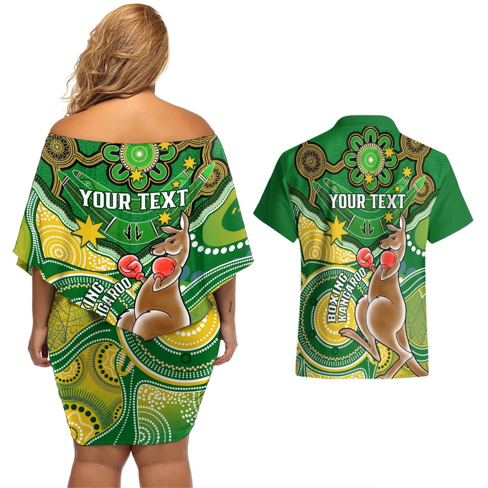 personalised-australia-boxing-kangaroo-couples-matching-off-shoulder-short-dress-and-hawaiian-shirt-aussie-indigenous-art-mix-national-color
