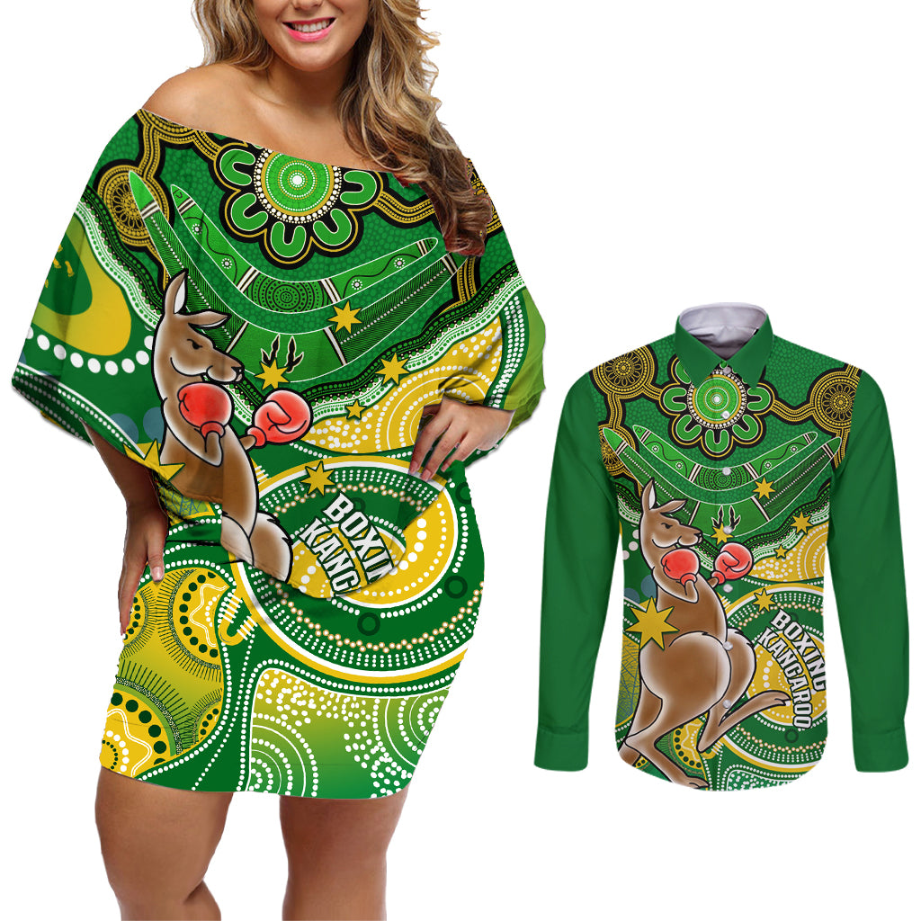 personalised-australia-boxing-kangaroo-couples-matching-off-shoulder-short-dress-and-long-sleeve-button-shirt-aussie-indigenous-art-mix-national-color