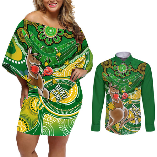 personalised-australia-boxing-kangaroo-couples-matching-off-shoulder-short-dress-and-long-sleeve-button-shirt-aussie-indigenous-art-mix-national-color